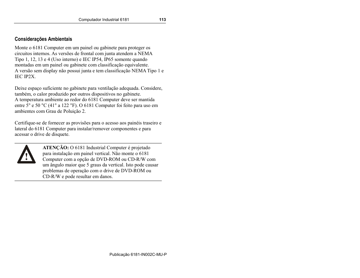 Considerações ambientais | Rockwell Automation 6181 Installation Instructions User Manual | Page 113 / 134