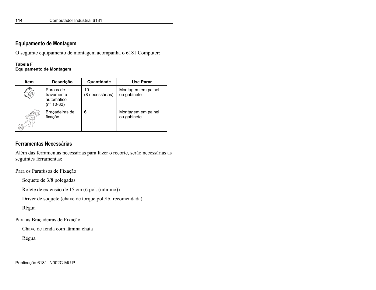 Equipamento de montagem, Ferramentas necessárias | Rockwell Automation 6181 Installation Instructions User Manual | Page 114 / 134
