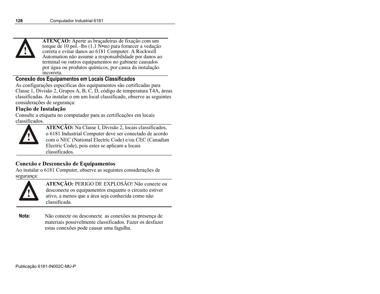 Conexão dos equipamentos em locais classificados, Fiação de instalação, Conexão e desconexão de equipamentos | Rockwell Automation 6181 Installation Instructions User Manual | Page 128 / 134