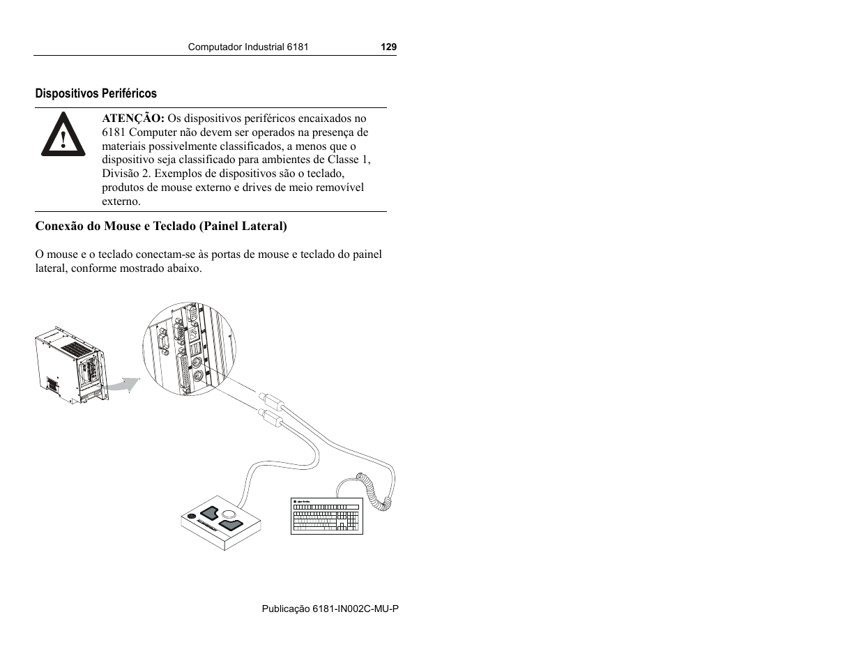 Dispositivos periféricos, Conexão do mouse e teclado (painel lateral) | Rockwell Automation 6181 Installation Instructions User Manual | Page 129 / 134