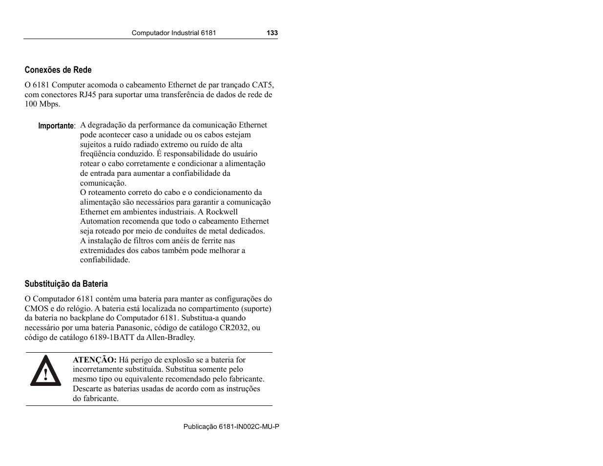 Conexões de rede, Substituição da bateria | Rockwell Automation 6181 Installation Instructions User Manual | Page 133 / 134