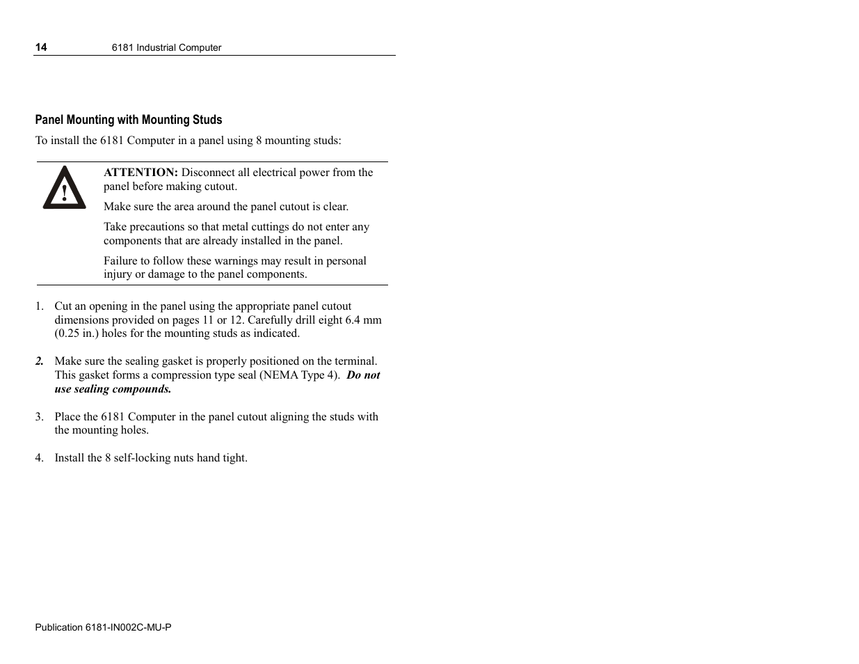 Panel mounting with mounting studs | Rockwell Automation 6181 Installation Instructions User Manual | Page 14 / 134