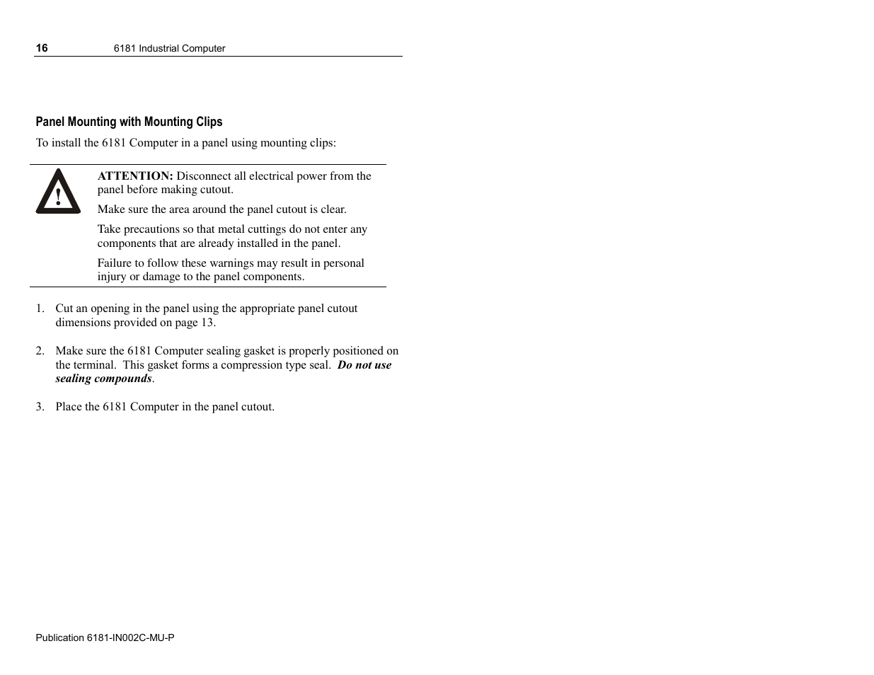 Panel mounting with mounting clips | Rockwell Automation 6181 Installation Instructions User Manual | Page 16 / 134