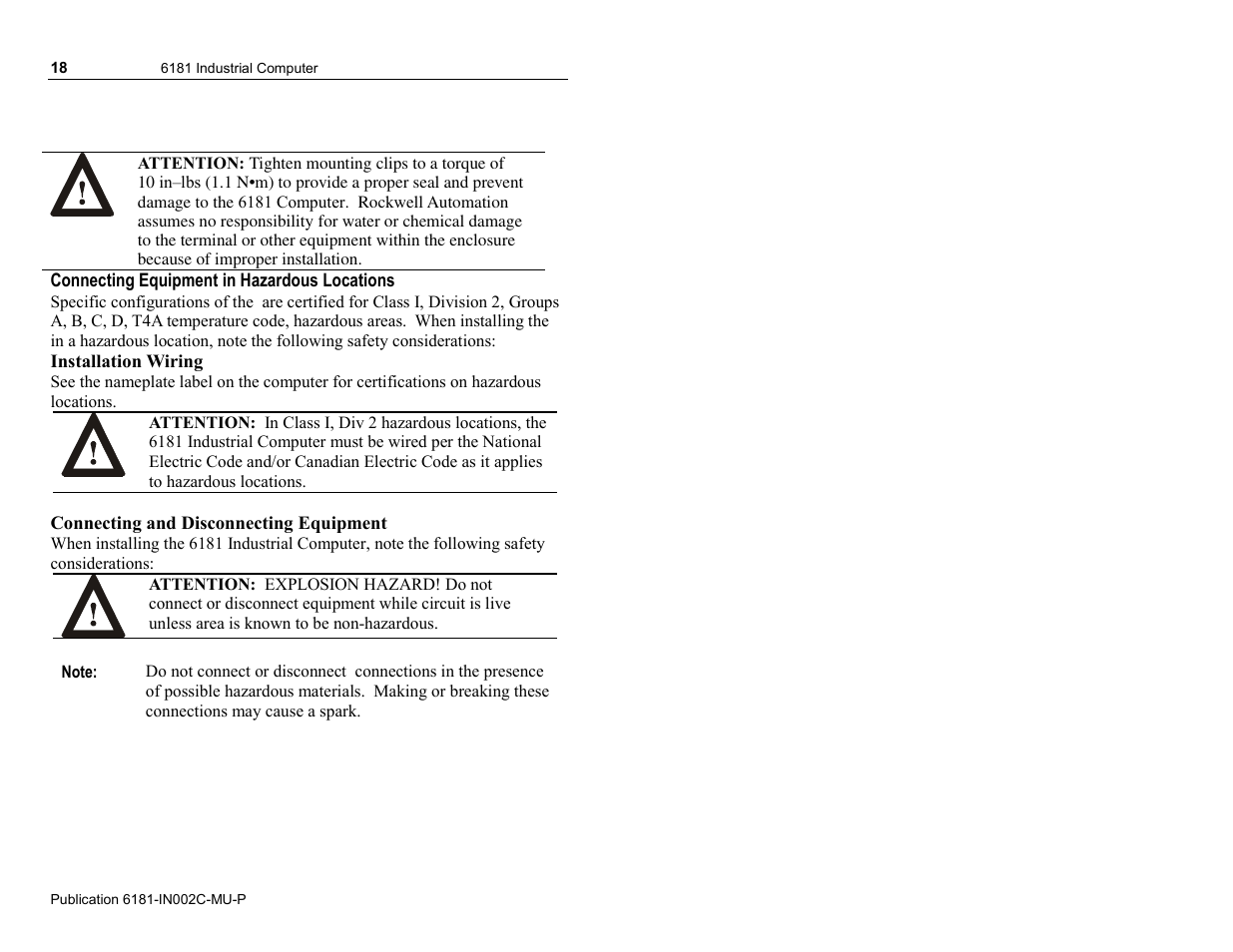 Connecting equipment in hazardous locations, Installation wiring, Connecting and disconnecting equipment | Rockwell Automation 6181 Installation Instructions User Manual | Page 18 / 134