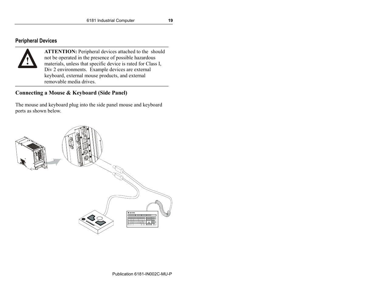 Peripheral devices, Connecting a mouse & keyboard (side panel) | Rockwell Automation 6181 Installation Instructions User Manual | Page 19 / 134