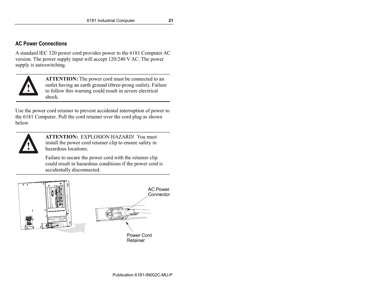 Ac power connections | Rockwell Automation 6181 Installation Instructions User Manual | Page 21 / 134