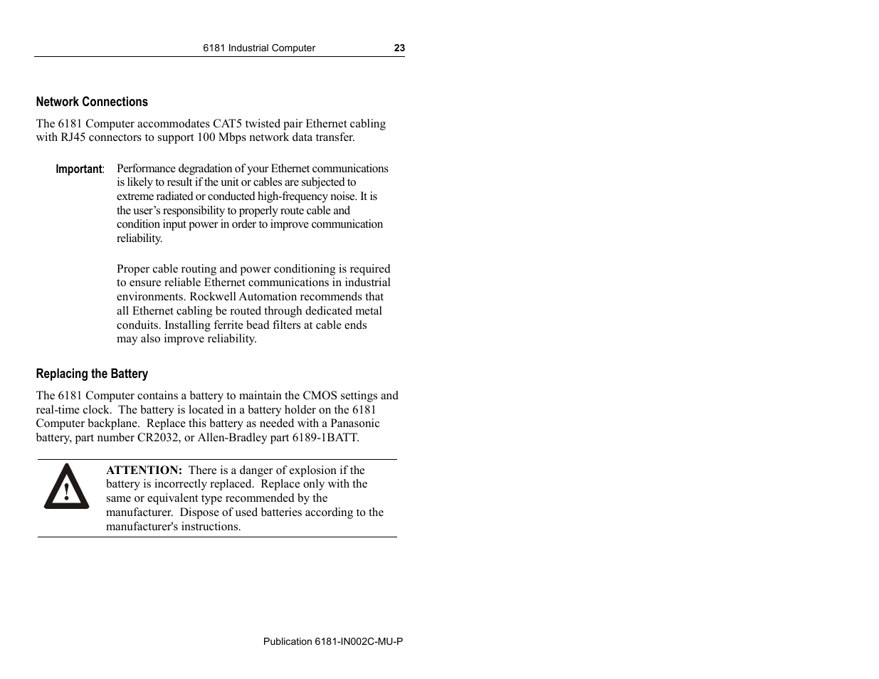 Network connections, Replacing the battery | Rockwell Automation 6181 Installation Instructions User Manual | Page 23 / 134