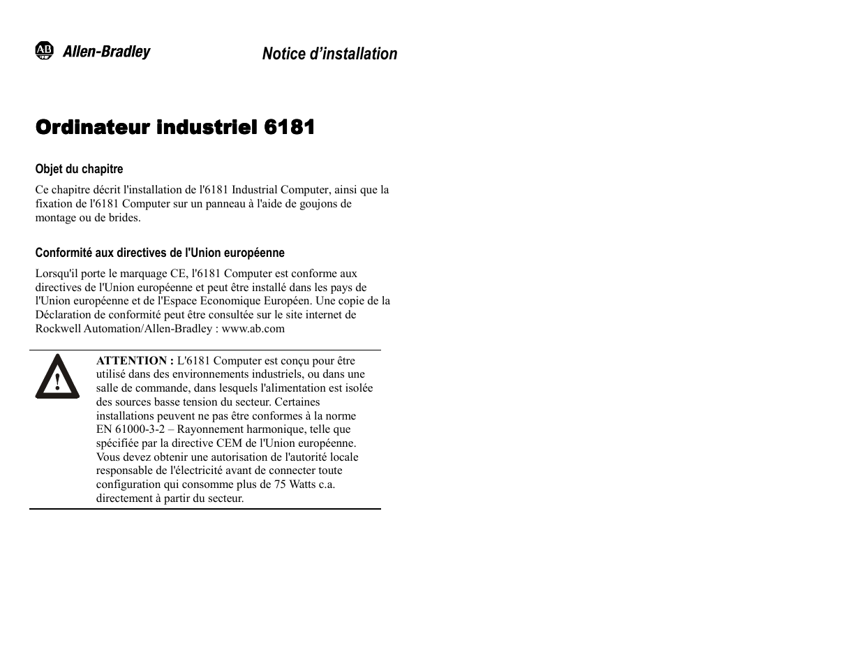 French, Objet du chapitre, Conformité aux directives de l'union européenne | Ordinateur industriel 6181 | Rockwell Automation 6181 Installation Instructions User Manual | Page 24 / 134