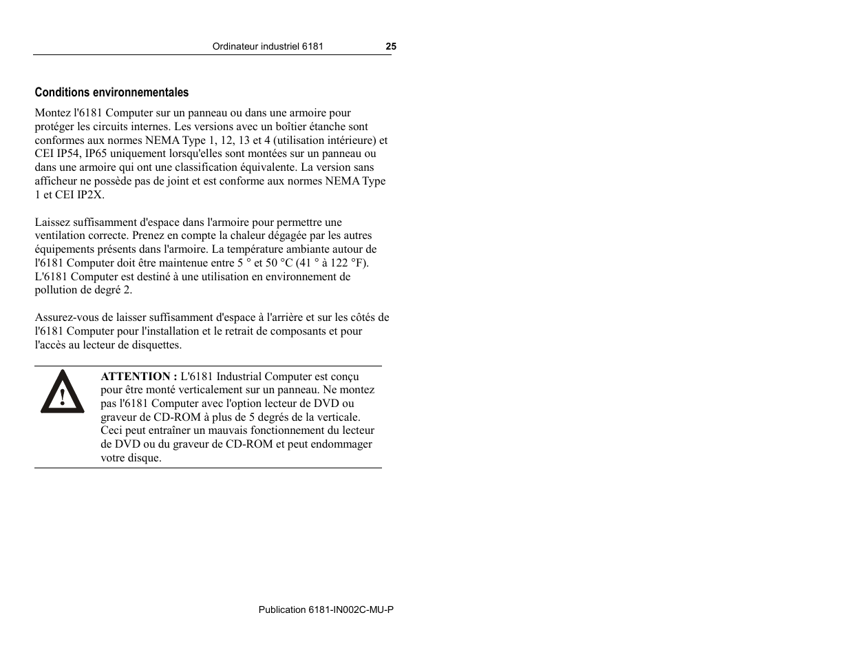 Conditions environnementales | Rockwell Automation 6181 Installation Instructions User Manual | Page 25 / 134
