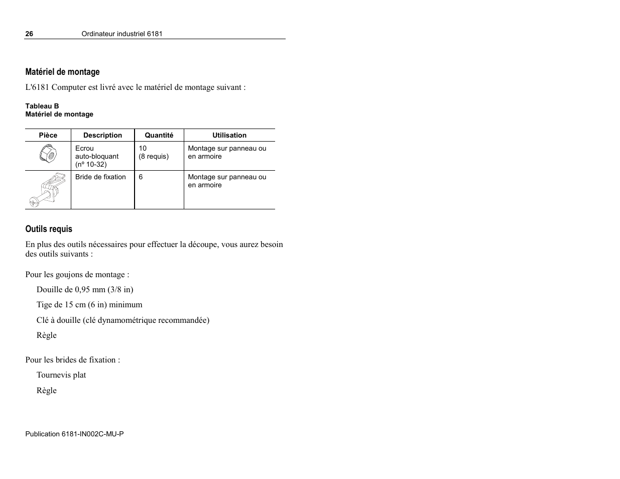 Matériel de montage, Outils requis | Rockwell Automation 6181 Installation Instructions User Manual | Page 26 / 134