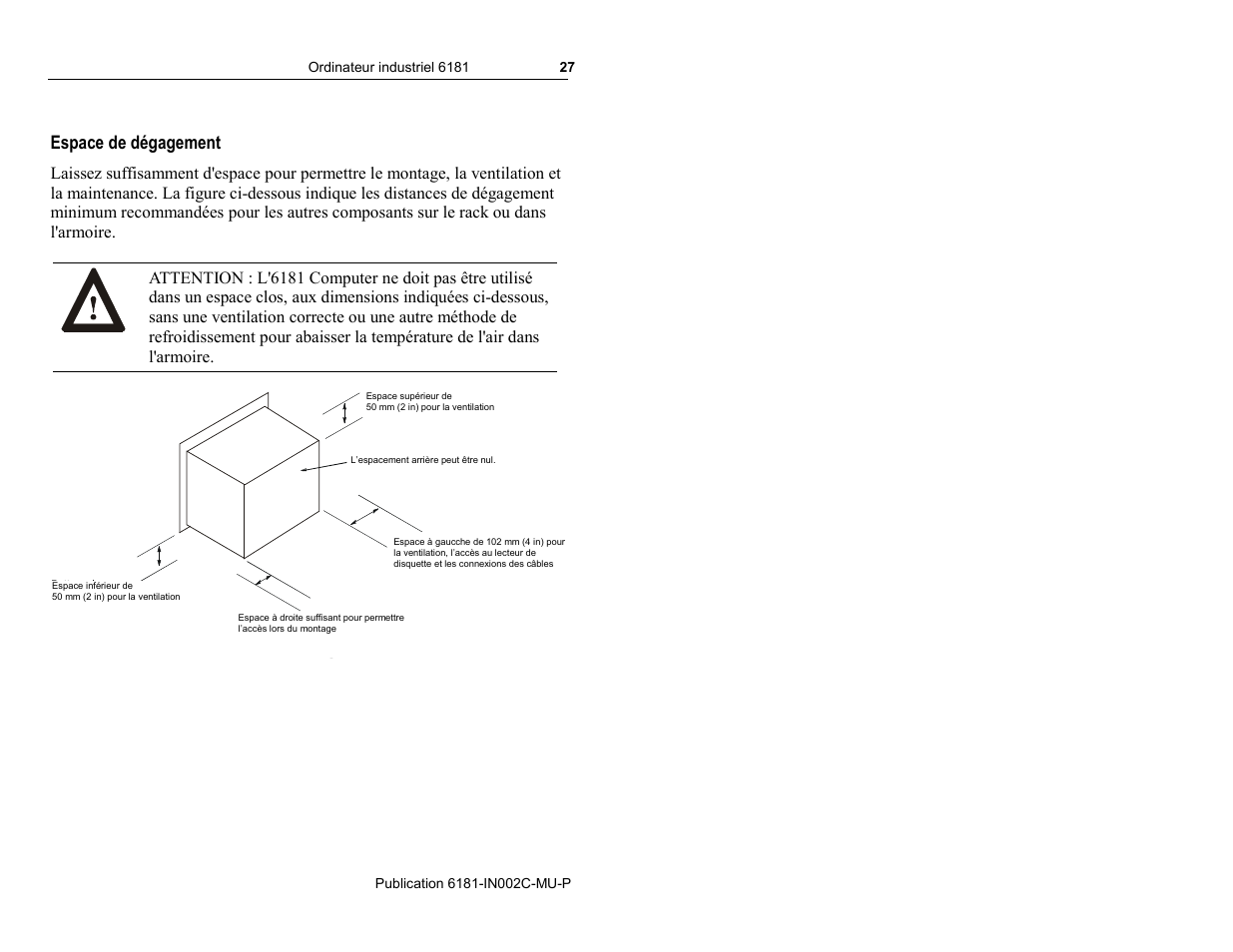 Espace de dégagement | Rockwell Automation 6181 Installation Instructions User Manual | Page 27 / 134