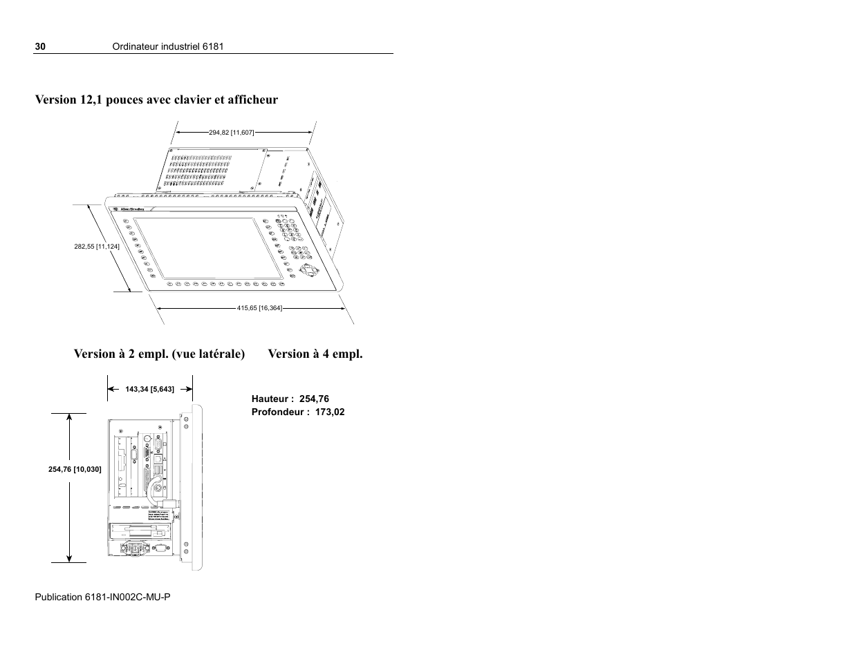 Version 12,1 pouces avec clavier et afficheur, Version à 2 empl. (vue latérale) version à 4 empl | Rockwell Automation 6181 Installation Instructions User Manual | Page 30 / 134