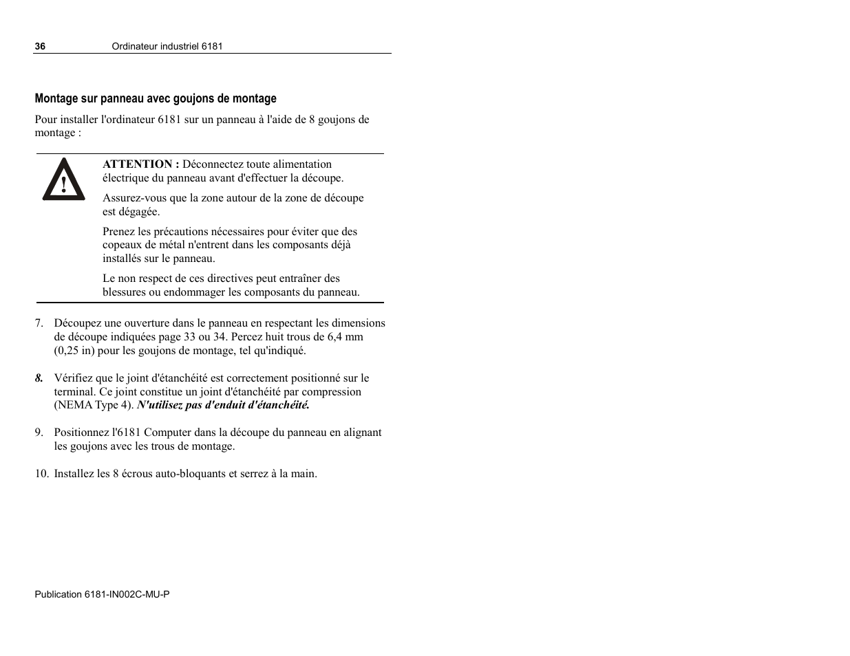 Montage sur panneau avec goujons de montage | Rockwell Automation 6181 Installation Instructions User Manual | Page 36 / 134