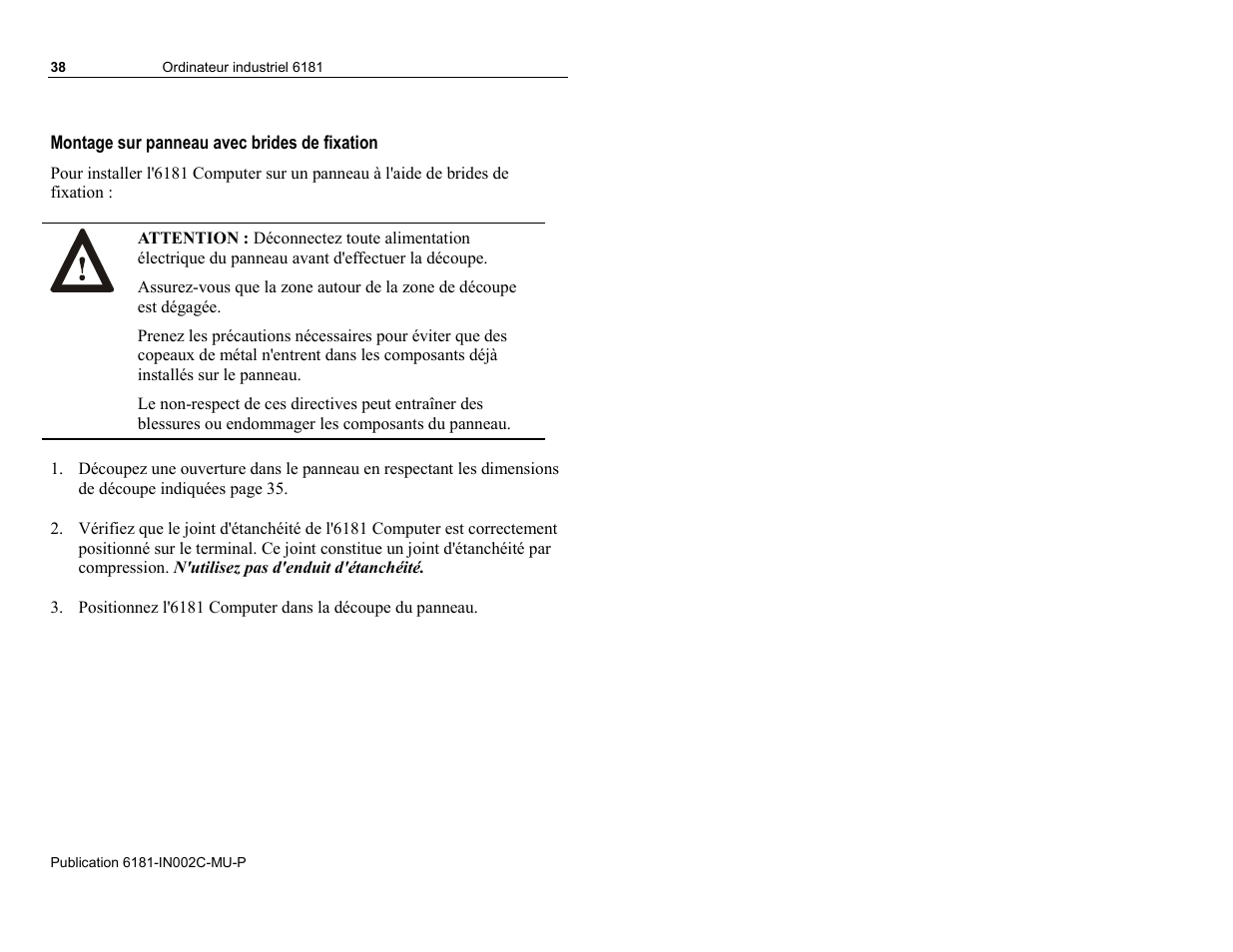 Montage sur panneau avec brides de fixation | Rockwell Automation 6181 Installation Instructions User Manual | Page 38 / 134