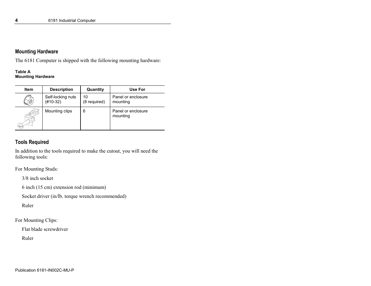 Mounting hardware, Tools required | Rockwell Automation 6181 Installation Instructions User Manual | Page 4 / 134