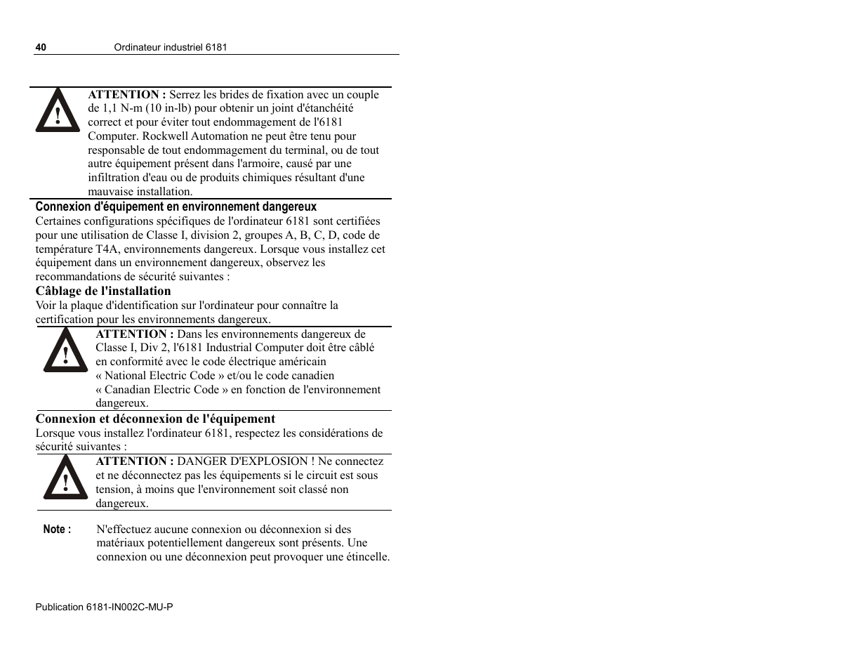 Connexion d'équipement en environnement dangereux, Câblage de l'installation, Connexion et déconnexion de l'équipement | Rockwell Automation 6181 Installation Instructions User Manual | Page 40 / 134