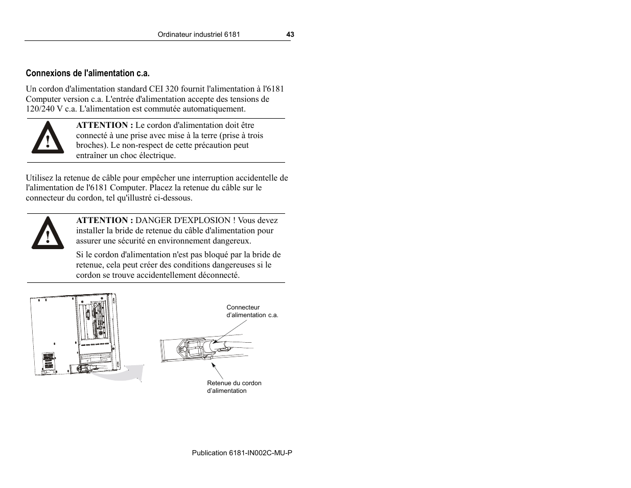 Connexions de l'alimentation c.a | Rockwell Automation 6181 Installation Instructions User Manual | Page 43 / 134