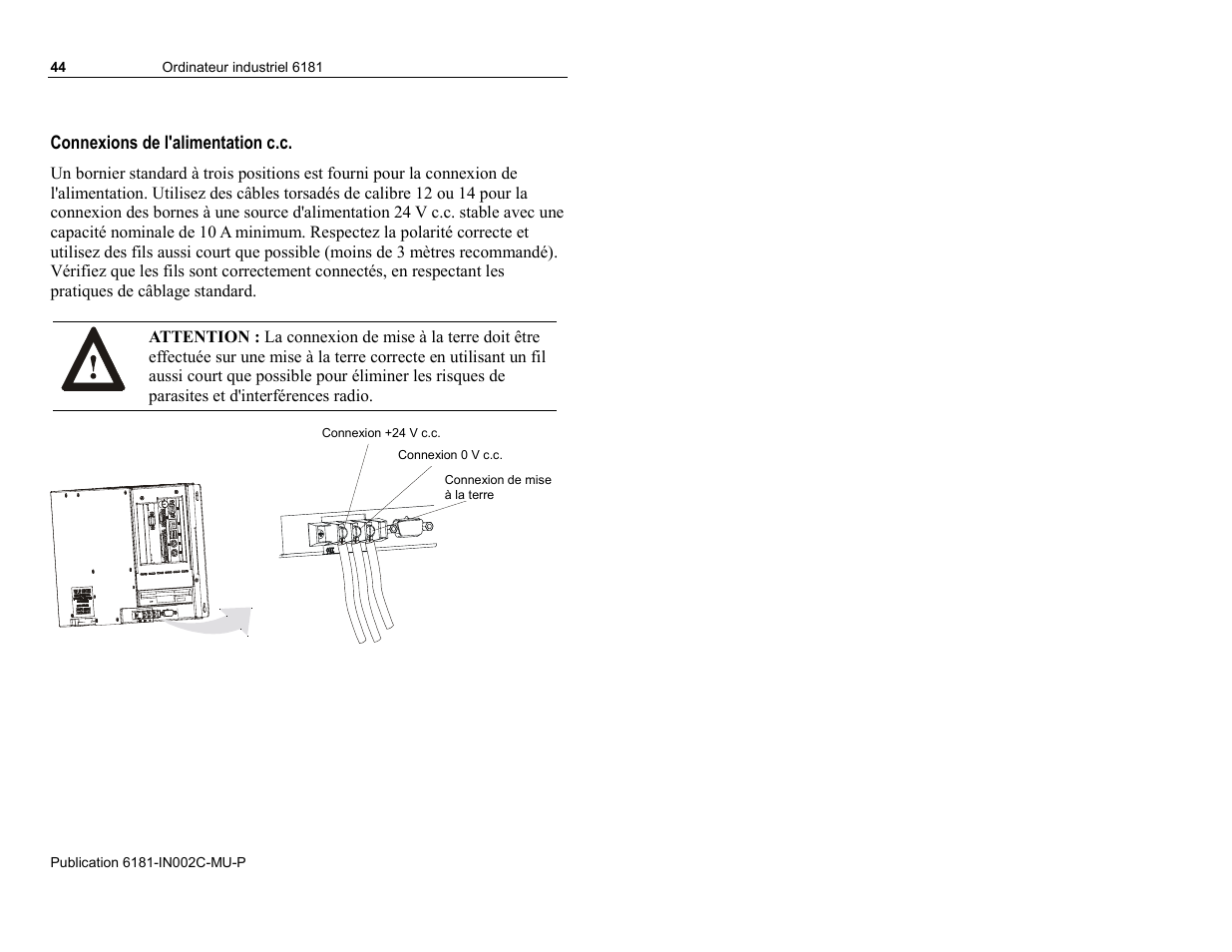 Connexions de l'alimentation c.c | Rockwell Automation 6181 Installation Instructions User Manual | Page 44 / 134