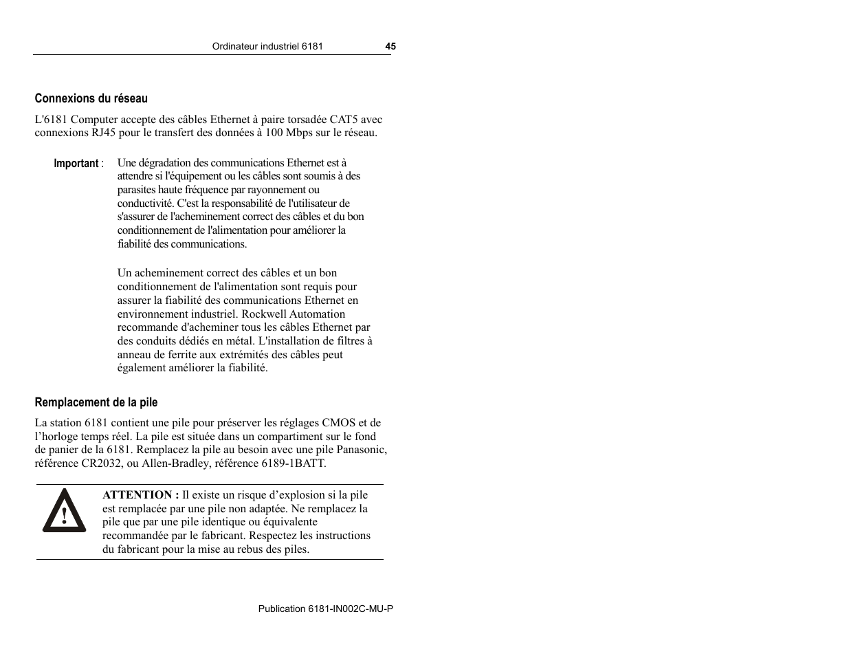 Connexions du réseau, Remplacement de la pile | Rockwell Automation 6181 Installation Instructions User Manual | Page 45 / 134