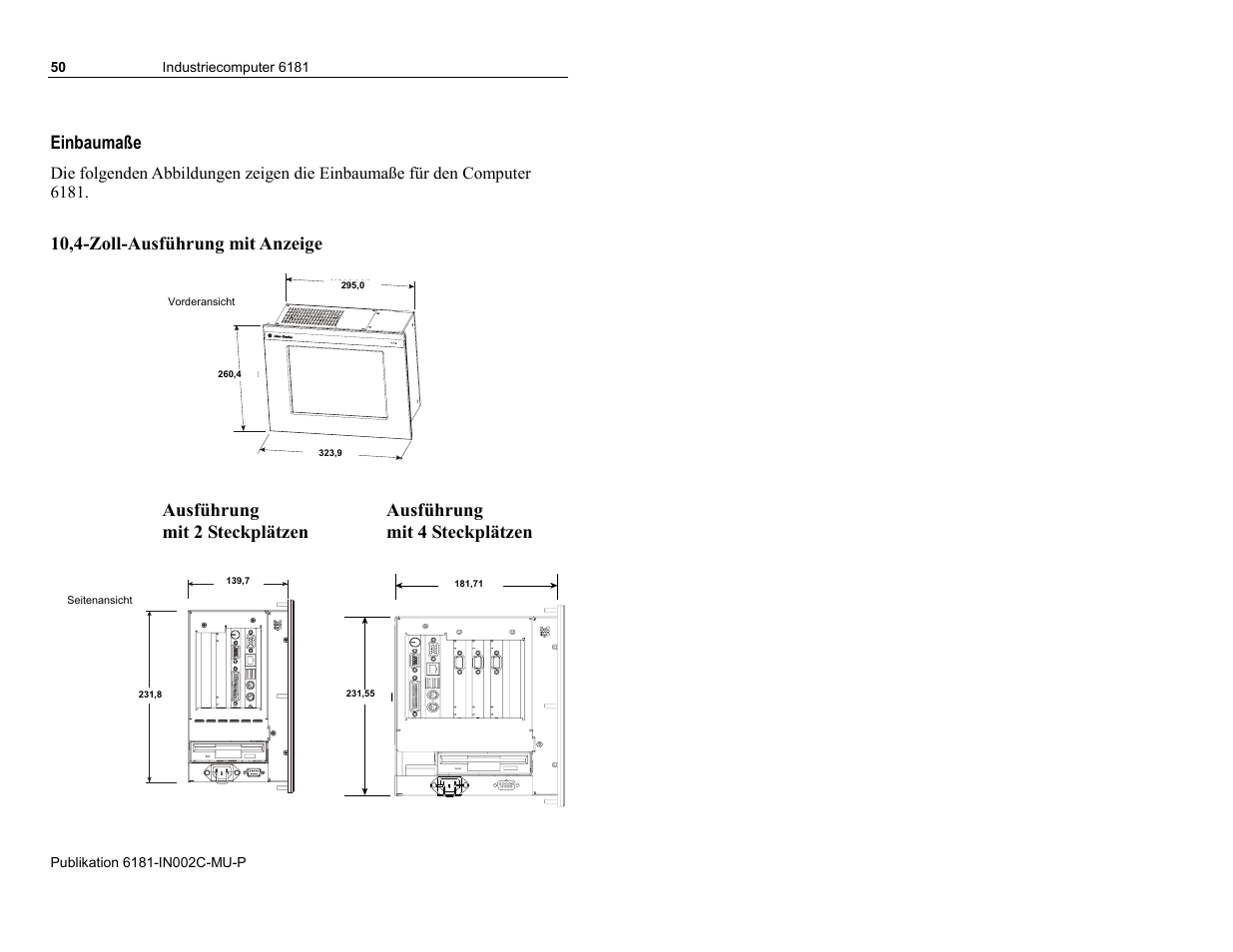Einbaumaße, 10,4-zoll-ausführung mit anzeige | Rockwell Automation 6181 Installation Instructions User Manual | Page 50 / 134