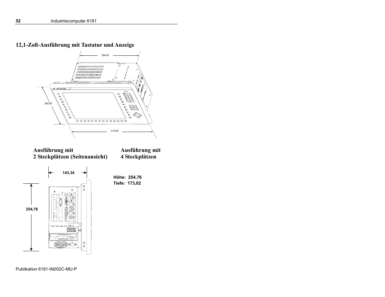 12,1-zoll-ausführung mit tastatur und anzeige | Rockwell Automation 6181 Installation Instructions User Manual | Page 52 / 134
