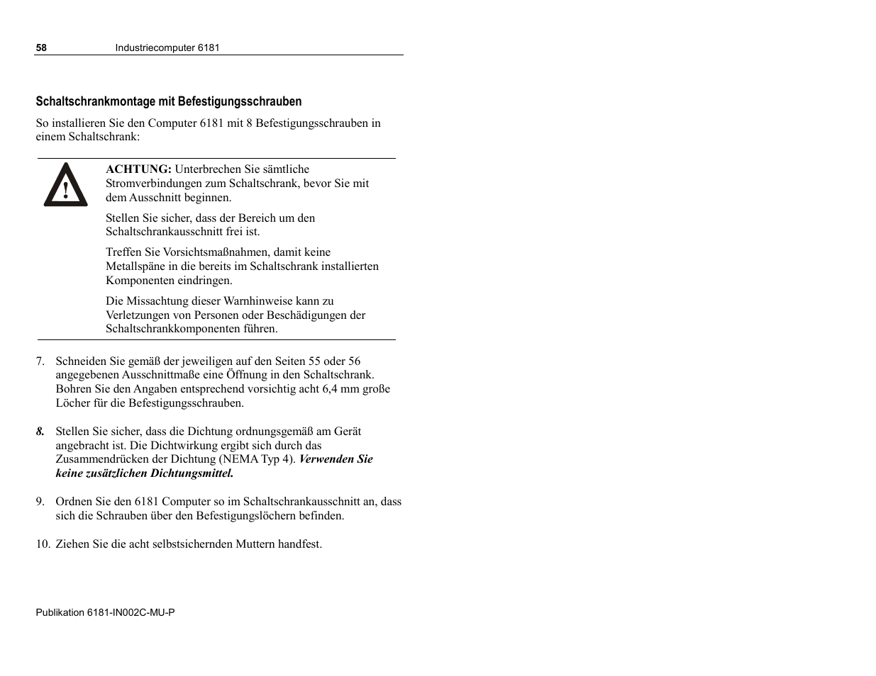 Schaltschrankmontage mit befestigungsschrauben | Rockwell Automation 6181 Installation Instructions User Manual | Page 58 / 134