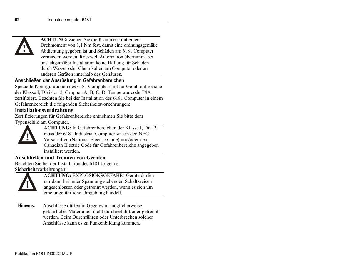 Anschließen der ausrüstung in gefahrenbereichen, Installationsverdrahtung, Anschließen und trennen von geräten | Rockwell Automation 6181 Installation Instructions User Manual | Page 62 / 134