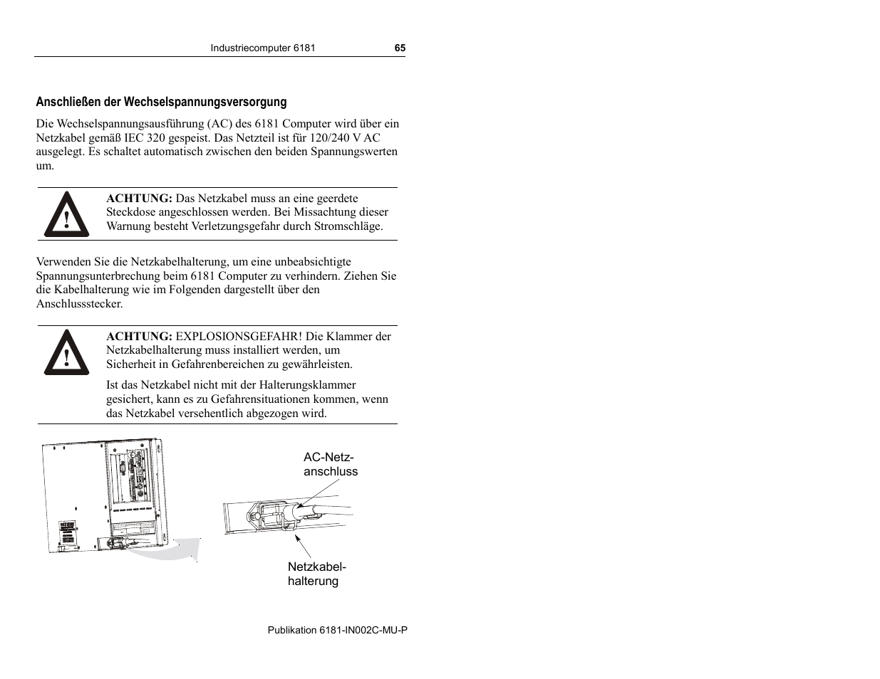 Anschließen der wechselspannungsversorgung | Rockwell Automation 6181 Installation Instructions User Manual | Page 65 / 134