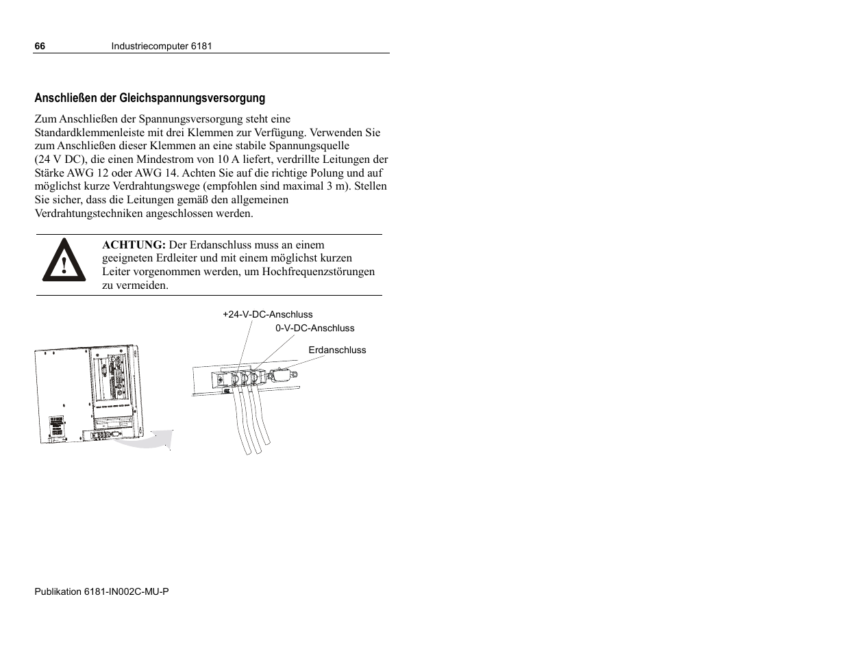 Anschließen der gleichspannungsversorgung | Rockwell Automation 6181 Installation Instructions User Manual | Page 66 / 134