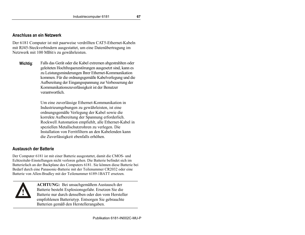 Anschluss an ein netzwerk, Austausch der batterie | Rockwell Automation 6181 Installation Instructions User Manual | Page 67 / 134