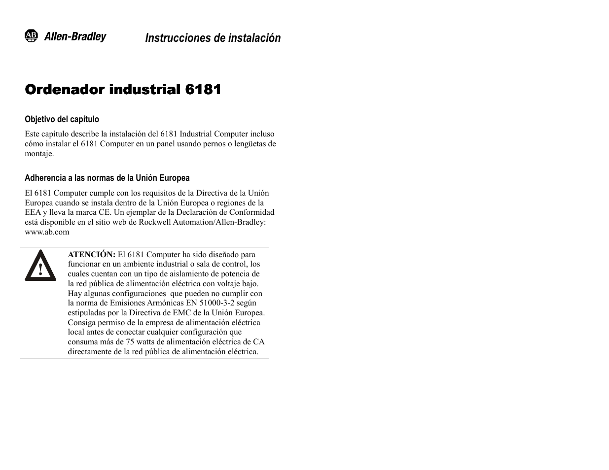 Spanish, Objetivo del capítulo, Adherencia a las normas de la unión europea | Ordenador industrial 6181 | Rockwell Automation 6181 Installation Instructions User Manual | Page 68 / 134