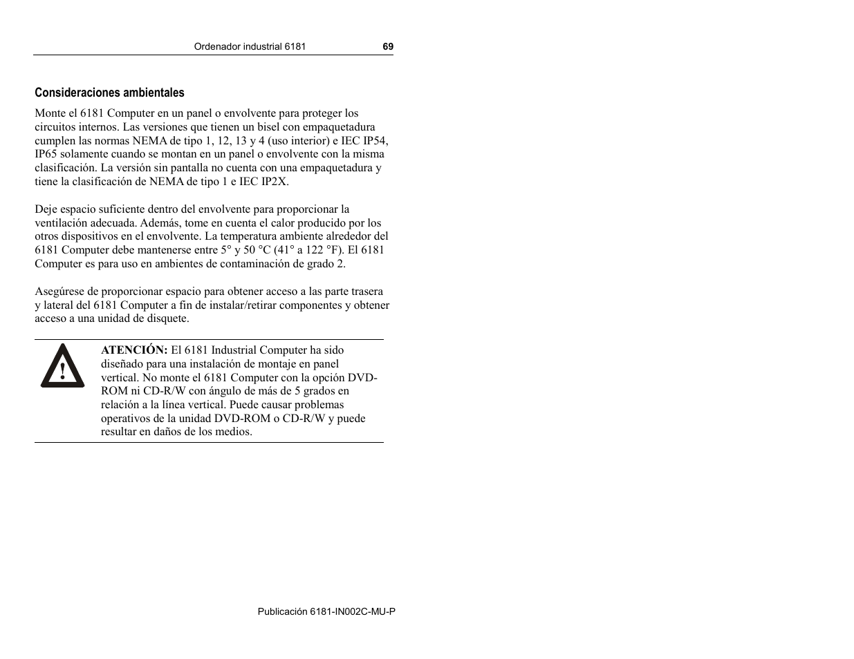 Consideraciones ambientales | Rockwell Automation 6181 Installation Instructions User Manual | Page 69 / 134