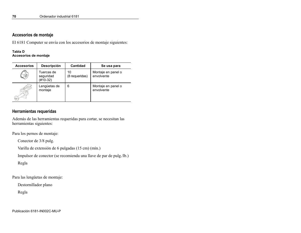 Accesorios de montaje, Herramientas requeridas | Rockwell Automation 6181 Installation Instructions User Manual | Page 70 / 134