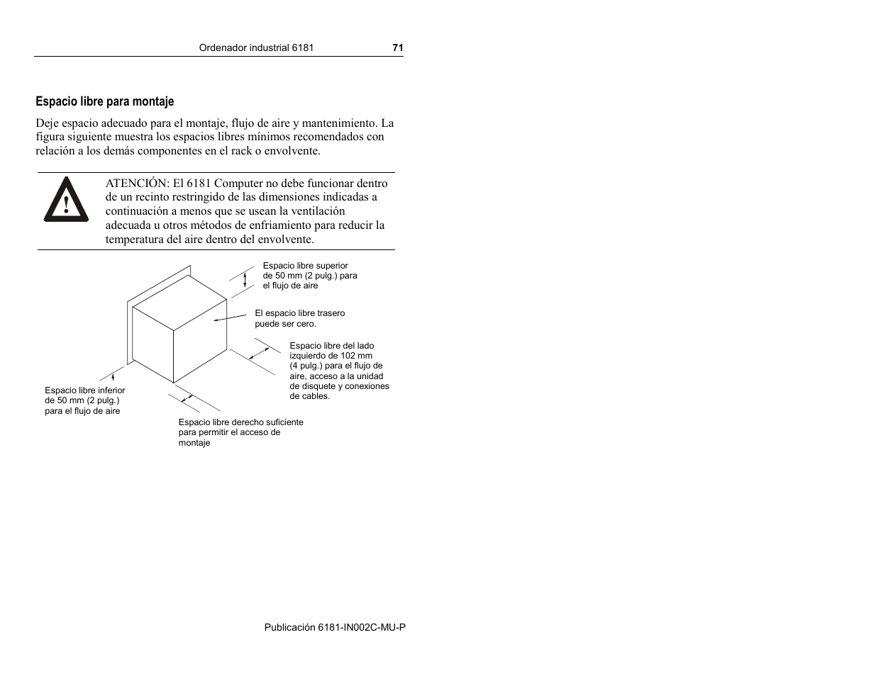 Espacio libre para montaje | Rockwell Automation 6181 Installation Instructions User Manual | Page 71 / 134