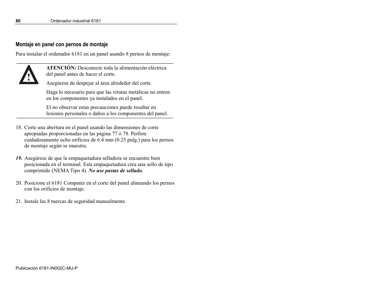 Montaje en panel con pernos de montaje | Rockwell Automation 6181 Installation Instructions User Manual | Page 80 / 134