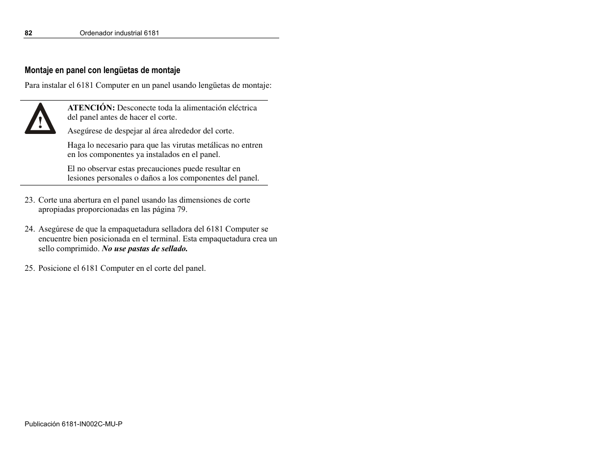 Montaje en panel con lengüetas de montaje | Rockwell Automation 6181 Installation Instructions User Manual | Page 82 / 134