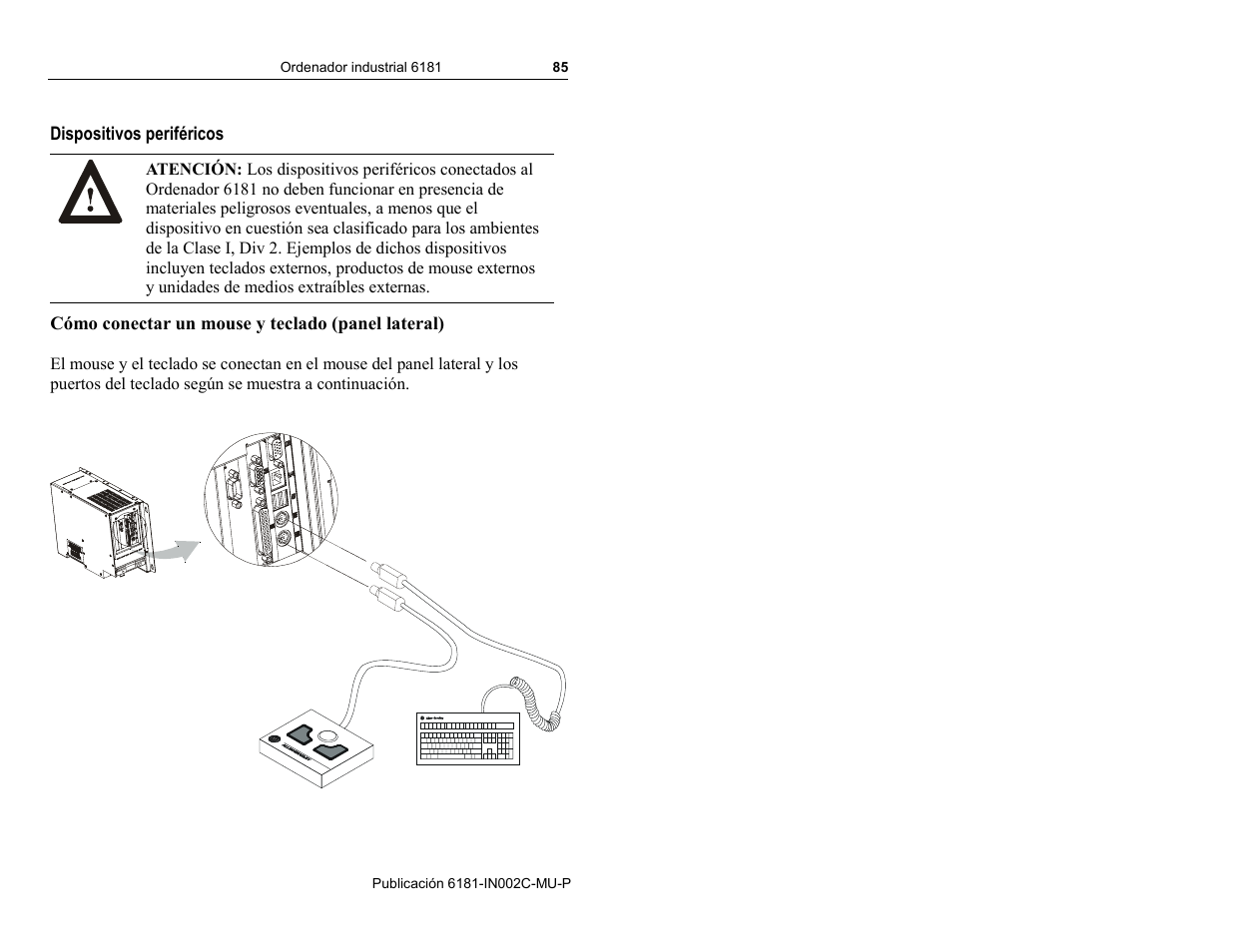 Dispositivos periféricos, Cómo conectar un mouse y teclado (panel lateral) | Rockwell Automation 6181 Installation Instructions User Manual | Page 85 / 134