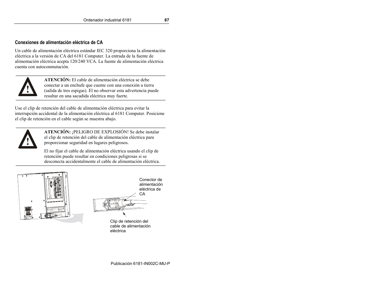 Conexiones de alimentación eléctrica de ca | Rockwell Automation 6181 Installation Instructions User Manual | Page 87 / 134