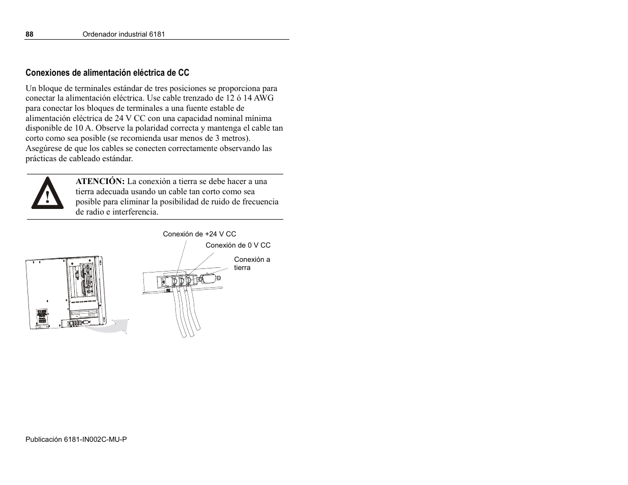 Conexiones de alimentación eléctrica de cc | Rockwell Automation 6181 Installation Instructions User Manual | Page 88 / 134