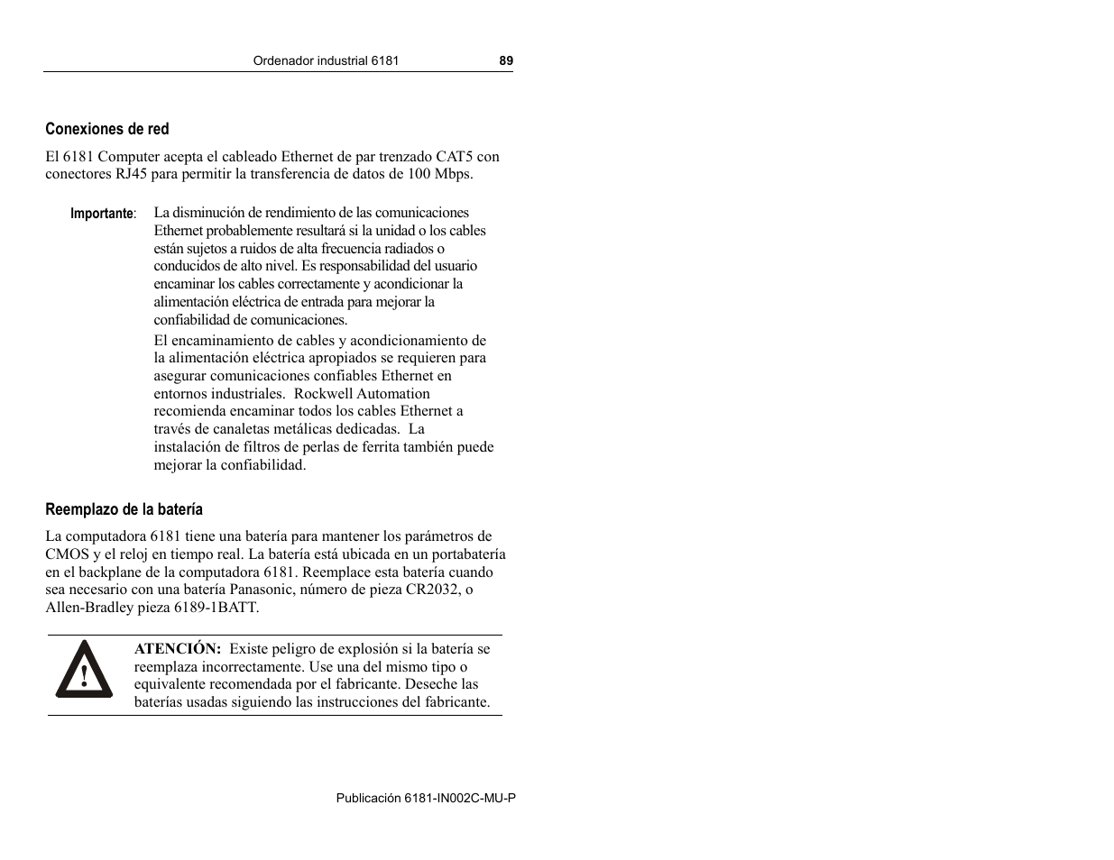 Conexiones de red, Reemplazo de la batería | Rockwell Automation 6181 Installation Instructions User Manual | Page 89 / 134