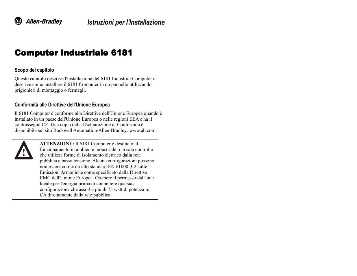 Italian, Scopo del capitolo, Conformità alle direttive dell'unione europea | Computer industriale 6181 | Rockwell Automation 6181 Installation Instructions User Manual | Page 90 / 134