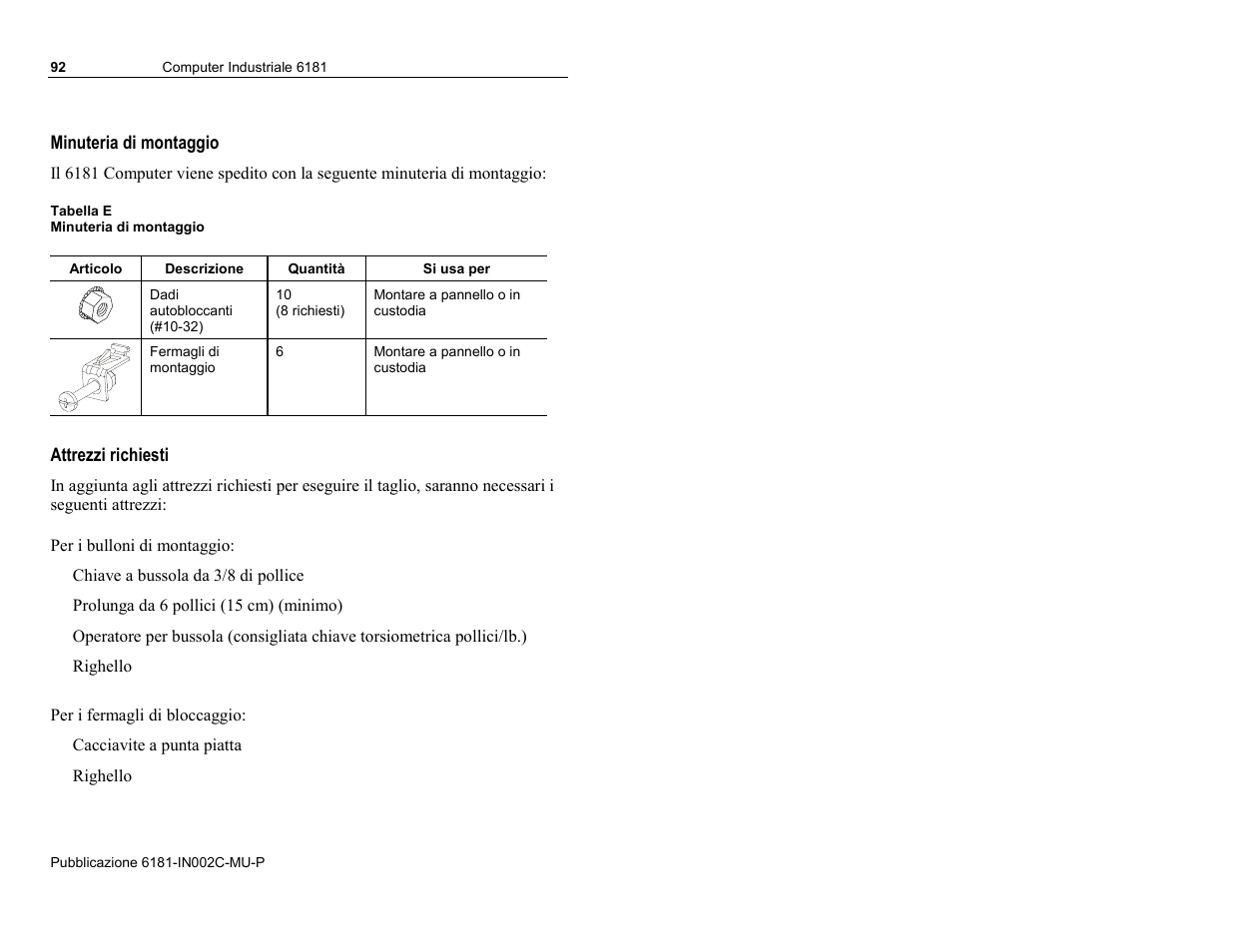 Minuteria di montaggio, Attrezzi richiesti | Rockwell Automation 6181 Installation Instructions User Manual | Page 92 / 134
