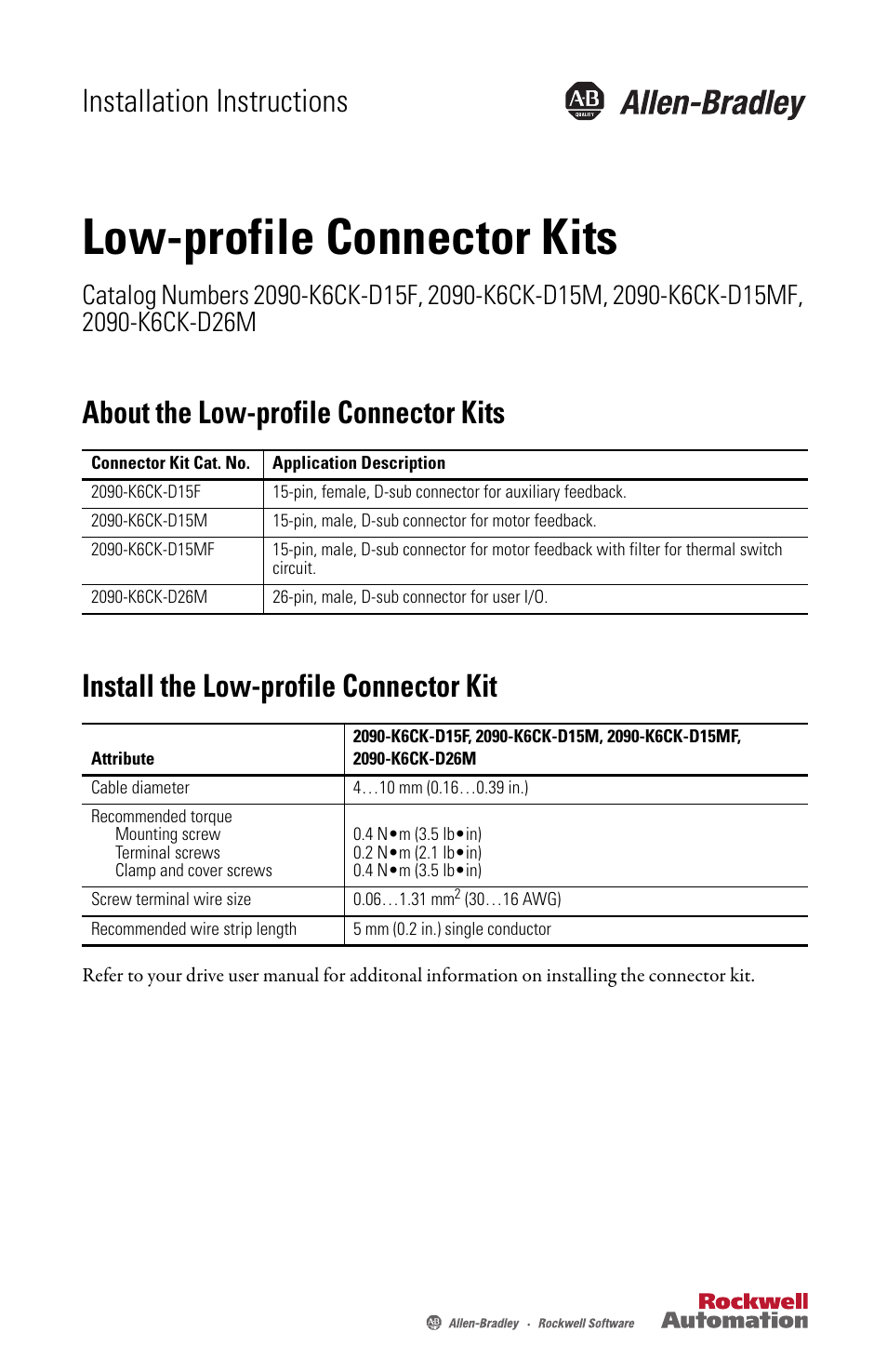 Rockwell Automation 2090 Low Profile Connector Kits Install Instructions User Manual | 4 pages