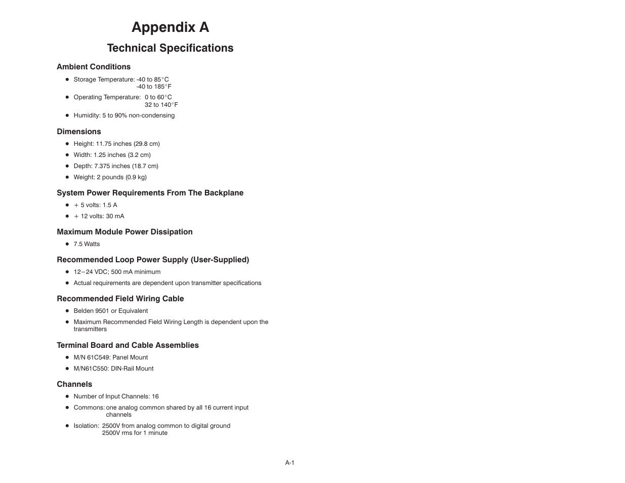 A technical specifications, Appendix a, Technical specifications | Rockwell Automation Current Input Module User Manual | Page 51 / 66