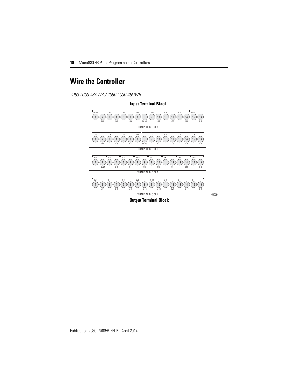 Wire the controller, Input terminal block output terminal block | Rockwell Automation 2080-LC30-48AWB_48QWB_48QVB_48QBB Micro830 48 Point LC30 Programmable Controllers User Manual | Page 10 / 20