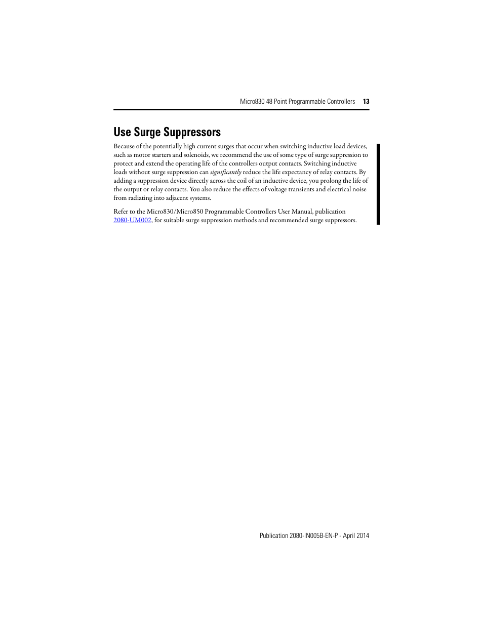 Use surge suppressors | Rockwell Automation 2080-LC30-48AWB_48QWB_48QVB_48QBB Micro830 48 Point LC30 Programmable Controllers User Manual | Page 13 / 20