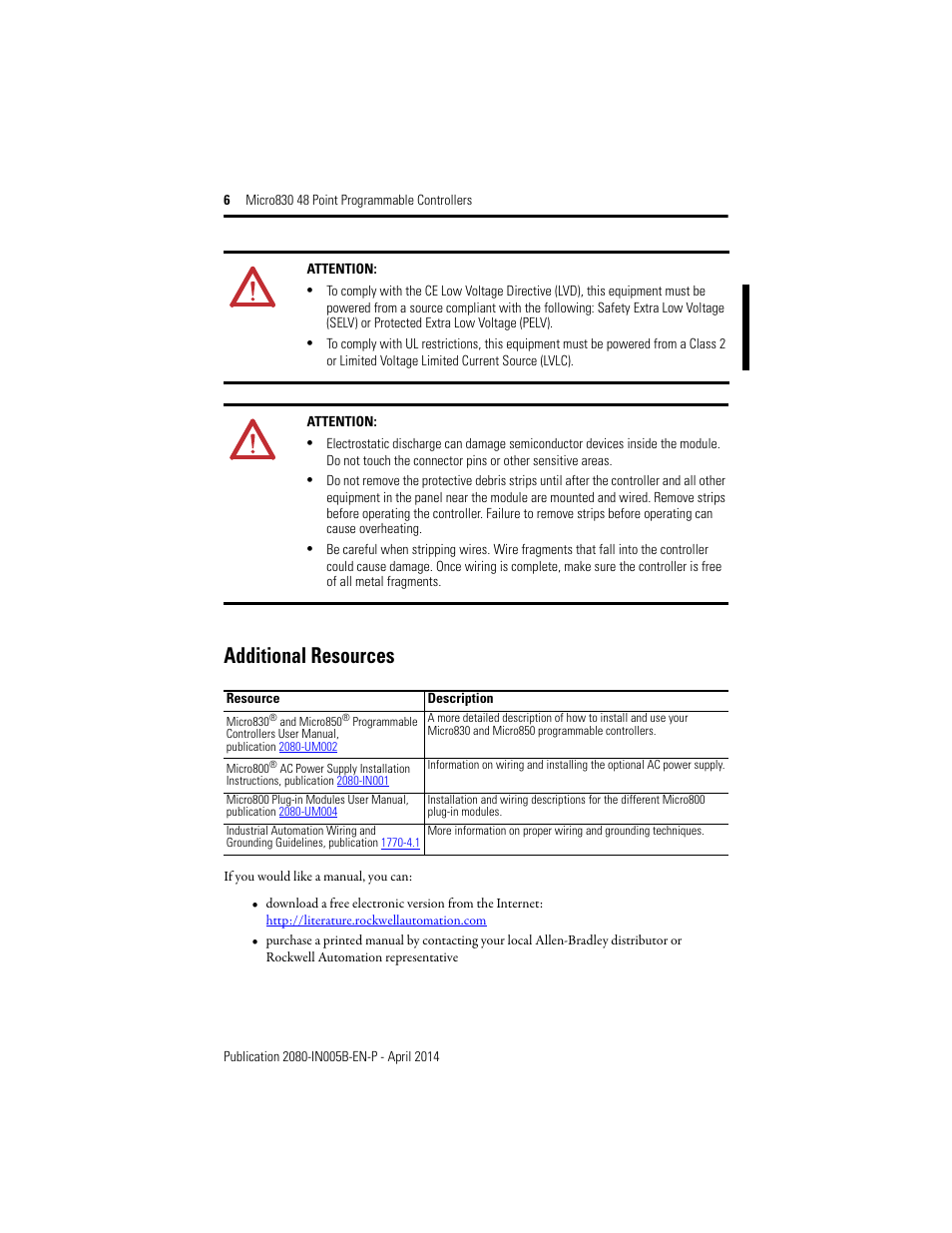 Additional resources | Rockwell Automation 2080-LC30-48AWB_48QWB_48QVB_48QBB Micro830 48 Point LC30 Programmable Controllers User Manual | Page 6 / 20