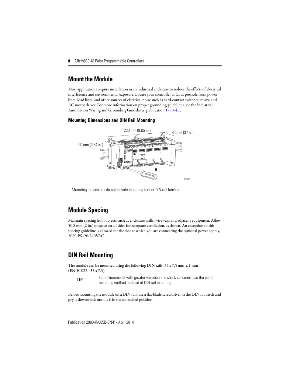 Mount the module, Module spacing, Din rail mounting | Rockwell Automation 2080-LC30-48AWB_48QWB_48QVB_48QBB Micro830 48 Point LC30 Programmable Controllers User Manual | Page 8 / 20