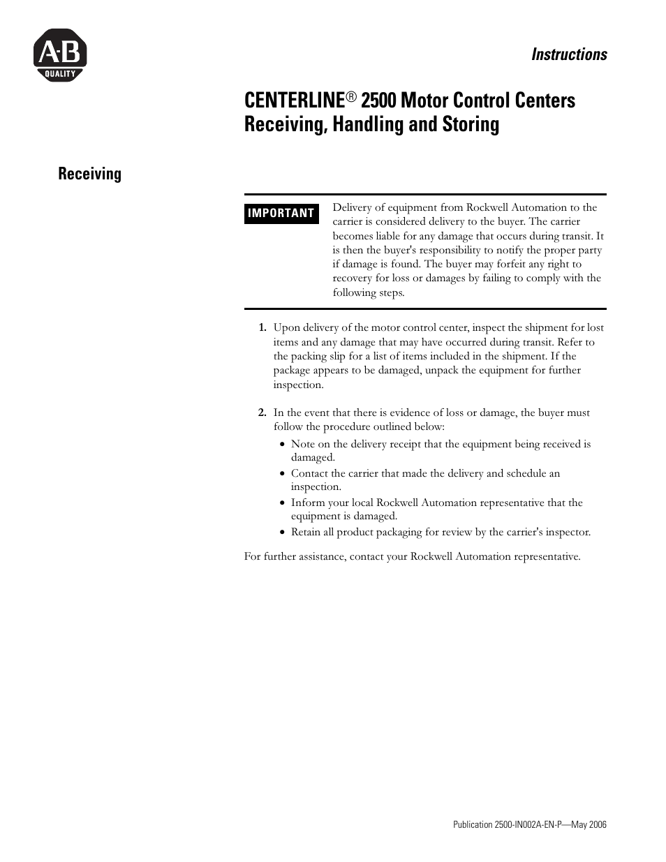 Rockwell Automation 2500 CENTERLINE MCC Shipping, Handling and Receiving Instructions User Manual | 8 pages