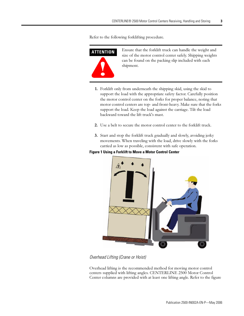 Overhead lifting (crane or hoist) | Rockwell Automation 2500 CENTERLINE MCC Shipping, Handling and Receiving Instructions User Manual | Page 3 / 8
